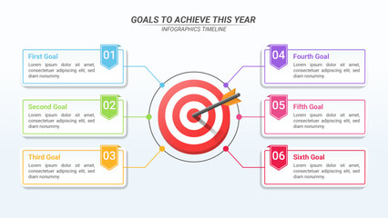 Dartboard Infographic With 6 Goal Options and Editable Text for Business Plans, Goals, Targets, and Website Design.