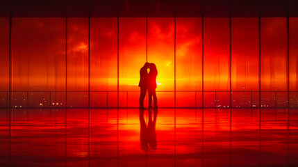 a silhouette of a hugging couple at an airport terminal during sunset. AI generative