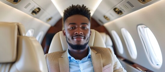 Triumphant young African American entrepreneur in private jet seat - Powered by Adobe