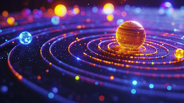 Neon black light sgraffito solar system 3d illustration