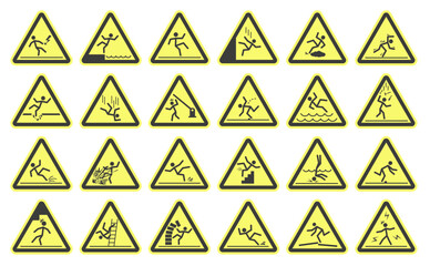 Danger warning signs. Triangular yellow signs. Different types of danger.