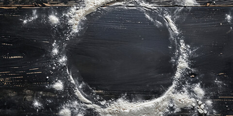 Dark wooden background sprinkled with white flour forming a circular empty space in the center, perfect for food preparation or baking concept.