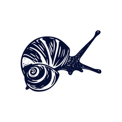 Handmade blockprint snail vector motif clipart in folkart scandi style. Simple monochrome linocut mollusc shapes with naive rural lineart. © Limolida Studio