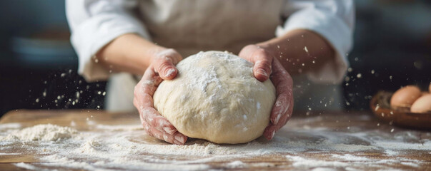 Hands kneading dough on a floured wood surface, flour dust in motion, baking process, fresh ingredients visible, culinary art, home cooking, chef in apron, pastry preparation, kitchen table. Banner.