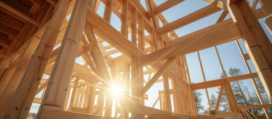 Sunlight Beaming Through Wooden Framework of House Under Construction - obrazy, fototapety, plakaty
