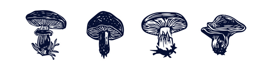 Handmade blockprint mushroom vector motif clipart set in folkart scandi style. Simple monochrome linocut fungi shapes with naive rural lineart collection.  © Limolida Studio