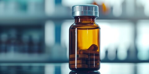 Bottle of pills, copy space, banner. Concept: drugs, medicine, healthcare, pharmaceuticals