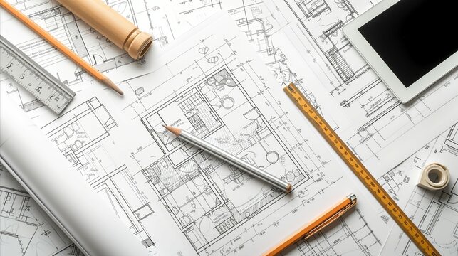 Architectural Blueprints with Tools and Digital Tablet on Workspace