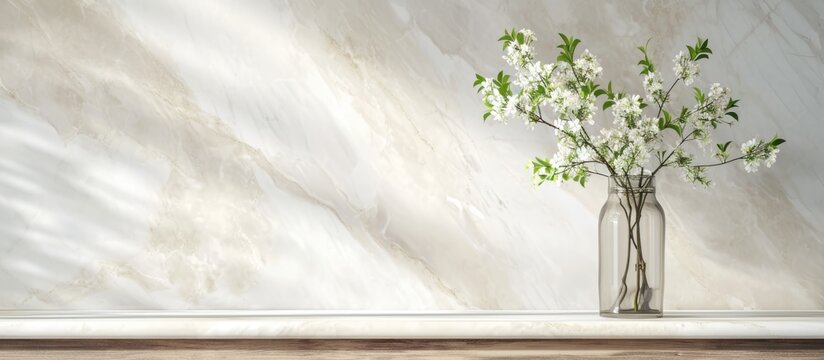 White bird cherry branch with tiny flowers in glass vase in elegant white living room with marble tile wall and wood table, copy space.
