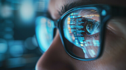 close up eye with glasses, coding reflective glasses, programmer use AI to help with work in office