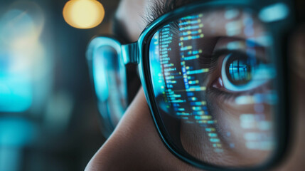 close up eye with glasses, coding reflective glasses, programmer use AI to help with work in office