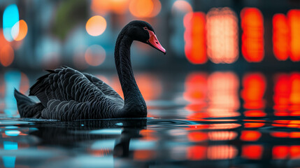 Black swan floating on the water, things that cannot be predicted or predicted such as crisis in stock market or cryptocurrency