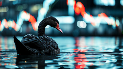 Black swan floating on the water, things that cannot be predicted or predicted such as crisis in stock market or cryptocurrency