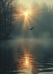 Obraz premium bird, light beams , minimalist landscape. AI generative