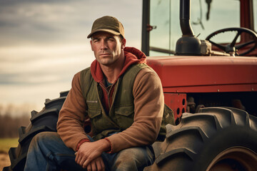 Fototapeta na wymiar Portrait of a male farmer, worker sitting on tractor
