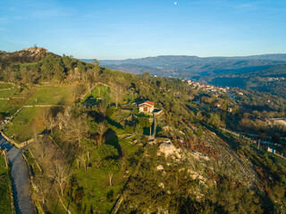 Aerial view of the chapel of San Marcos da Costa, on a hilltop north of the city of Ourense in Galicia, Spain. - 714069159