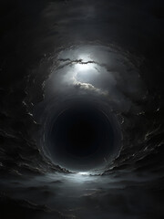 A cosmic abyss devours light, epitomizing the event horizon's inescapable darkness.