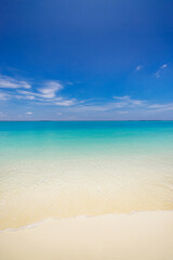 Closeup sea sand sky beach. Panoramic coast landscape. Inspire tropical Mediterranean beach...