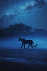 night on the African savanna a solitary animal strolls under a vast starry sky. AI generative