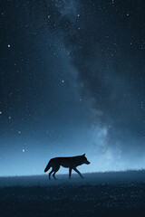 night on the African savanna a solitary animal strolls under a vast starry sky. AI generative