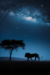 Naklejka premium night on the African savanna a solitary animal strolls under a vast starry sky. AI generative