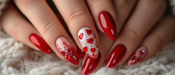 Woman's nails with beautiful red manicure with Valentine's Day d - obrazy, fototapety, plakaty