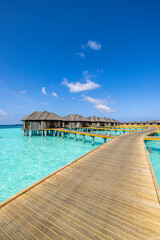 Maldives paradise panoramic coast. Tropical aerial seascape closeup wooden pier water villas,...