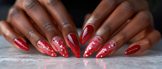 Black woman's nails with beautiful red manicure with Valentine's Day design. AI generated - obrazy, fototapety, plakaty