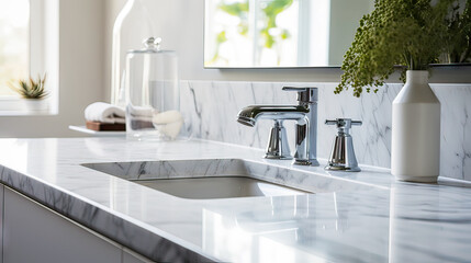 Fototapeta na wymiar close up of blank empty space on white marble vanity unit counter top with wash basin, faucet and mirror in an exotic style bathroom.