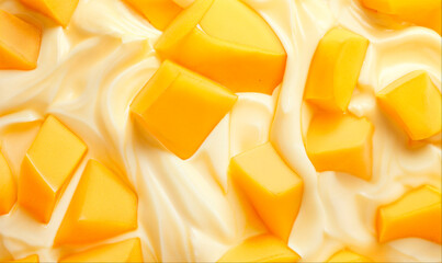 Yogurt with mango cubes, top view background