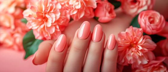 Woman's nails with beautiful manicure with flowers. AI generated - obrazy, fototapety, plakaty