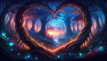 Forest with heart shaped trees. Magical Scenery for Fantasy Themed Designs