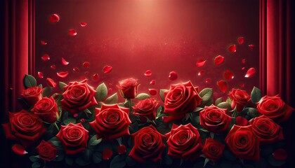 Flowers on a red dramatic blurred background. Valentine background with hearts and red roses