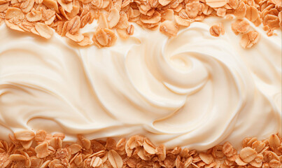 Oat flakes in yogurt, top view background with copy space