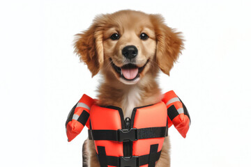 cute dog with life vest and floatation device Isolated on solid white background. ai generative - obrazy, fototapety, plakaty