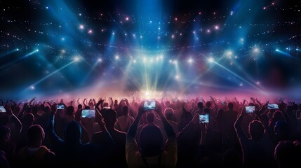 A crowd of people at a live event, concert or party holding smartphones. Large audience, crowd, or participants of a live event, in a arena type venue with bright lights above.
