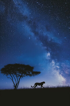 night on the African savanna a solitary animal strolls under a vast starry sky. AI generative