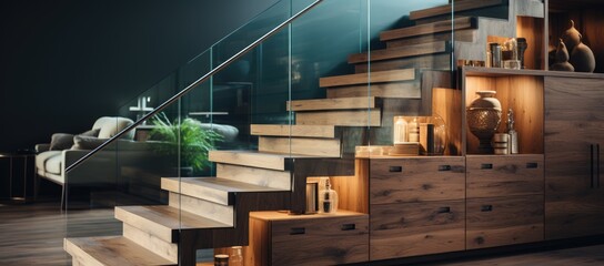 An elegant wooden staircase illuminated by soft night lights, featuring sleek glass railings and a...