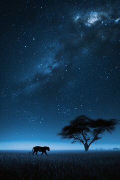 night on the African savanna a solitary animal strolls under a vast starry sky. AI generative