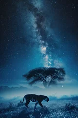 Foto op Plexiglas night on the African savanna a solitary animal strolls under a vast starry sky. AI generative © SANGHYUN