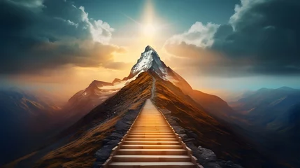 Tuinposter Abstract path leading to mountain top in success reaching goals concept background © Ziyan