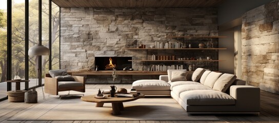 A cozy living room retreat with a stone fireplace, plush sofa bed and loveseat, stylish coffee table, and club chairs gathered around for warmth and relaxation