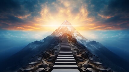 Abstract path leading to mountain top in success reaching goals concept background - obrazy, fototapety, plakaty