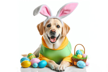 Happy cute dog wearing an easter costume of bunny isolated on solid white bright background. ai generative