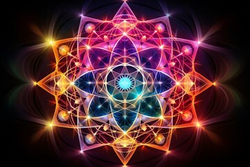 Sacred geometry with merkaba, flower of life, abstract colors, and fractal structure. Generative AI