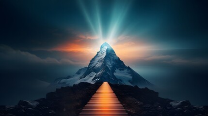 Abstract path leading to mountain top in success reaching goals concept background - obrazy, fototapety, plakaty