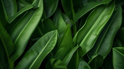 Banana leaves background. Lush young banana tree leaf. Rainforest, ecology, nature, background. Wide format
 - obrazy, fototapety, plakaty