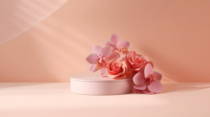 podium display, pastel pink background with rose flowers. Orchid flower and palm leaf shadow. Peach Fuzz is color trend of the Year 2024. Valentine, feminine copy space template 3d render