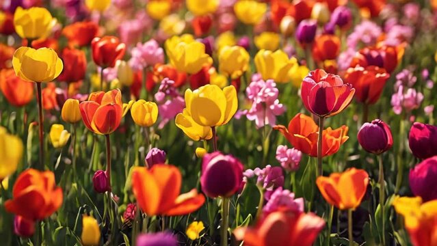 Vividly colored tulips adorn a garden bathed in the light of spring
