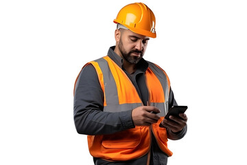 worker man in helmet browsing on mobile phone isolated on transparent background